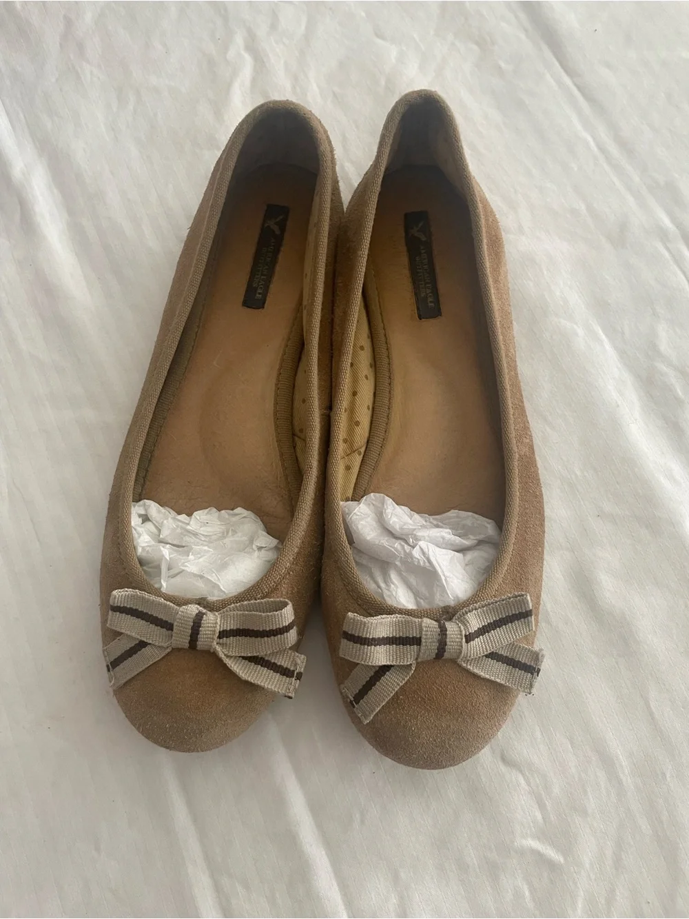 American Eagle Outfitters Tan Suede Ballet Flats with Striped Bow